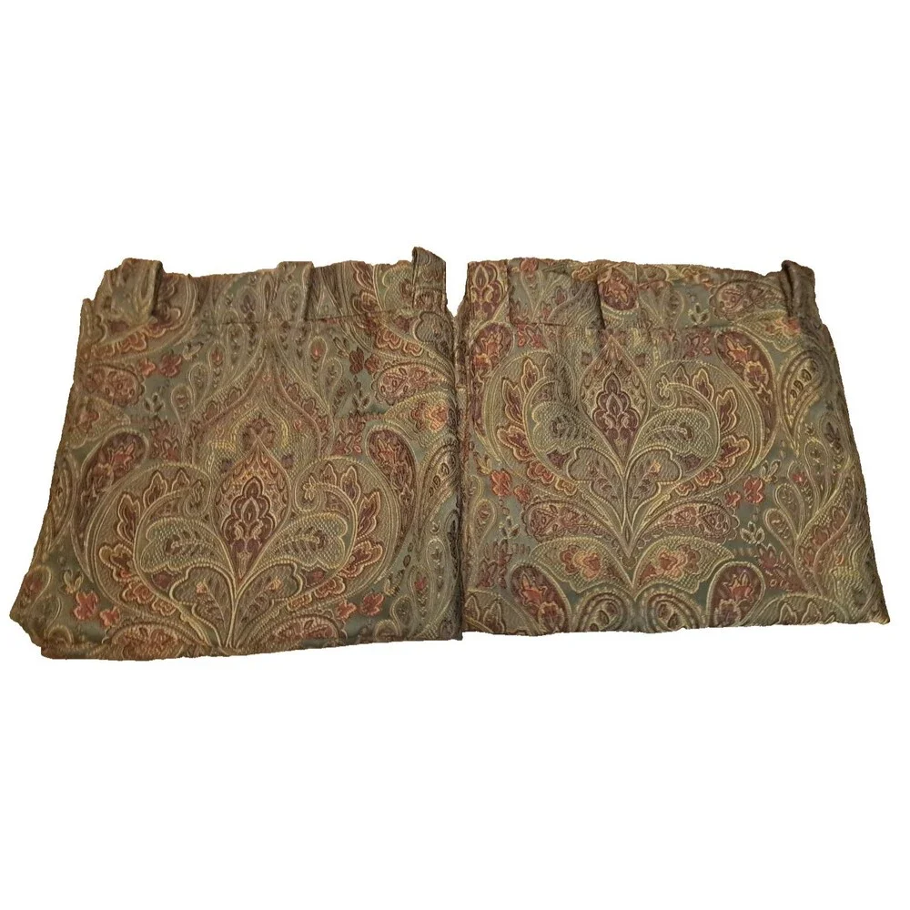 Paisley Curtain Panels Set Gold Red Jacobean Damask Brocade Empire Elegant 49x48
